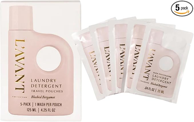 L'AVANT Collective Luxury Travel Laundry Detergent | Blushed Bergamot | Non-Toxic Concentrated Liquid Laundry Soap Packets | Plant-Based, HE Compatible, Travel Size, Gym, Camping & Rentals | Set of 5