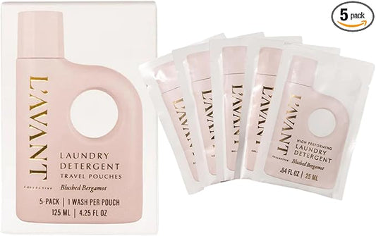 L'AVANT Collective Luxury Travel Laundry Detergent | Blushed Bergamot | Non-Toxic Concentrated Liquid Laundry Soap Packets | Plant-Based, HE Compatible, Travel Size, Gym, Camping & Rentals | Set of 5