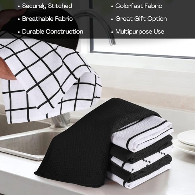 Assorted Waffle Kitchen Dish Towels Cotton Set of 6, Soft Absorbent Quick Drying Table and Kitchen Linen, Tea Towels and Cleaning Towels with Hanging Loop, Dish Towels 15x25 Black