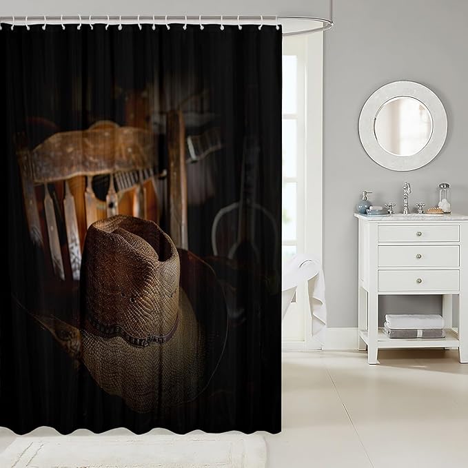 Western Cowboy Bathroom Shower Curtain Set Vintage Guitar Shower Curtain Country Western theme Bath Curtain for Stalls Bathtubs Retro Cowboy Style Waterproof Bathroom Curtains Room Decor 72x72 Inch