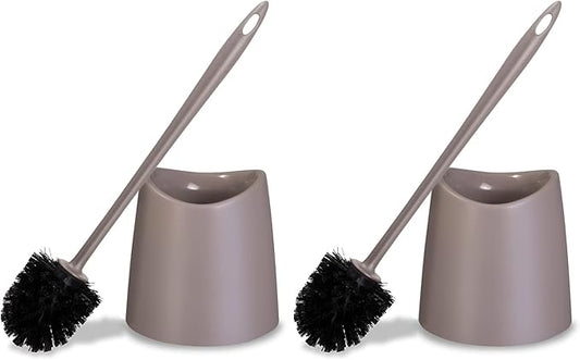 Superio Plastic Toilet Brush with Taupe Bristles, Includes Holder for Easy Bathroom Cleaning (Pack of 2)