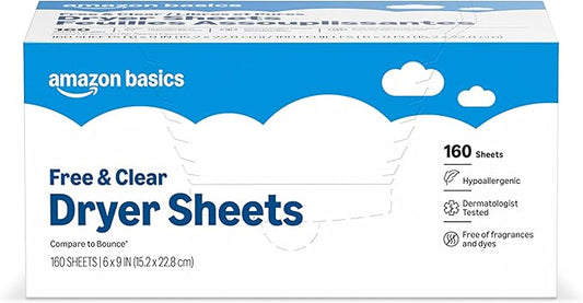Amazon Basics Dryer Sheets Laundry Fabric Softener, Free & Clear, Hypoallergenic, Free of Fragrances, Softening Agent, Dermatologist Tested, 160 Count