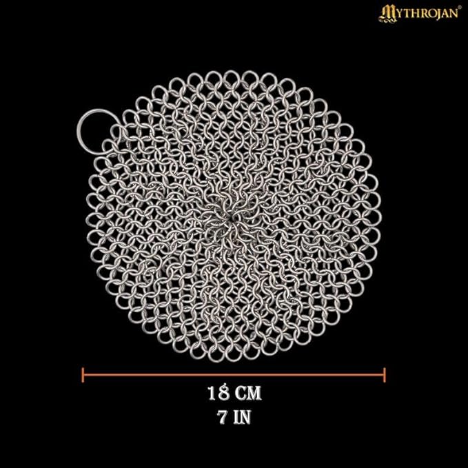 Mythrojan Cast Iron Cleaner, 7 Inches Stainless Steel Round Chainmail Scrubber For Cast Iron Pan Skillet, Wok, Pot, Pan; Pre-Seasoned Pan Dutch Ovens Waffle Iron Pans Scraper Cast