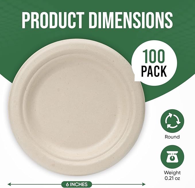 TaidMiao Paper Plates 6 Inches, 100 Pack Disposable Plates – 100% Compostable Plates, Water & Oil Proof Dessert Plates, Microwavable Small Paper Plates, Perfect Paper Plate For Party - Brown