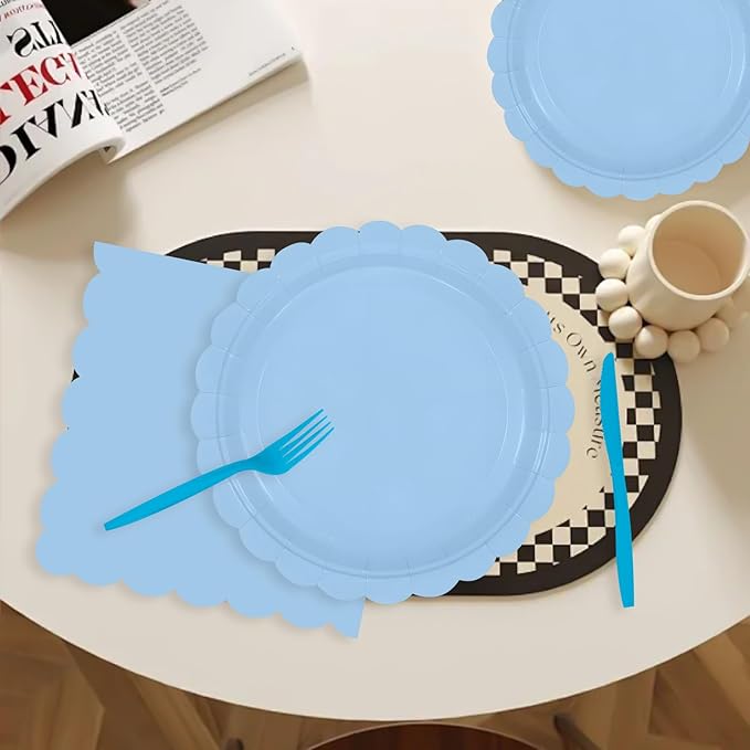 140 Pcs Light Blue Paper Plates and Napkins, Blue Party Supplies Include Light Blue Scalloped Plates Napkins Cups Plastic Spoons Forks Knives for Baby Shower,Wedding,Birthday