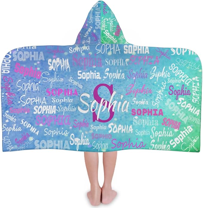 Custom Hooded Bath Beach Towel for Kids, 50"x24" Inch Cotton Soft with Hood for Toddler, Boys, Girls - Wrap/Bathrobe for Pool, Travel, Camping, Swimming, Blue Green Color