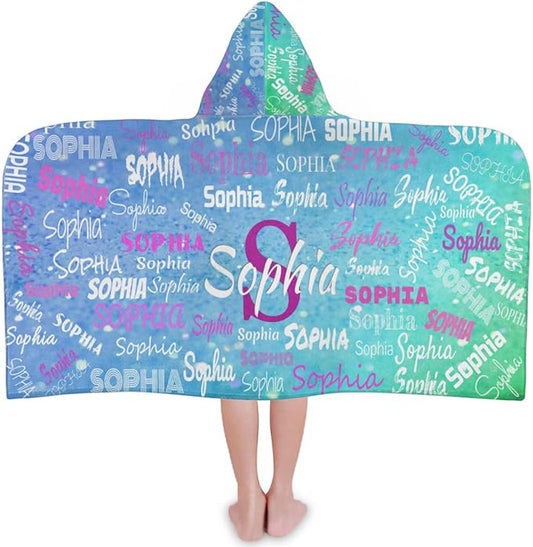 Custom Hooded Bath Beach Towel for Kids, 50"x24" Inch Cotton Soft with Hood for Toddler, Boys, Girls - Wrap/Bathrobe for Pool, Travel, Camping, Swimming, Blue Green Color