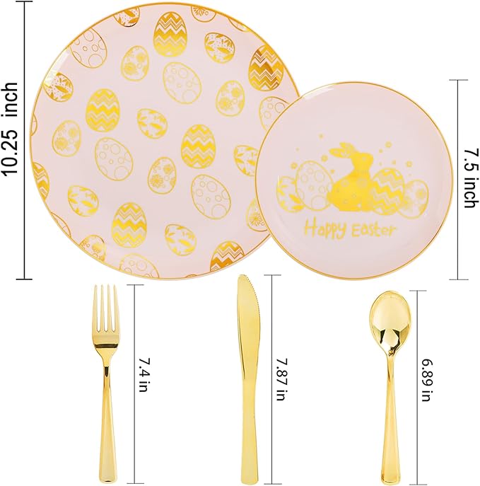 Liacere 150Pcs Easter Plates with Gold Bunny - Pink Plastic Dinnerware Includes 30 Egg and Rabbit 30 Dessert Plates, 30 Forks, 30 Spoons,30 Knives for Easter Party