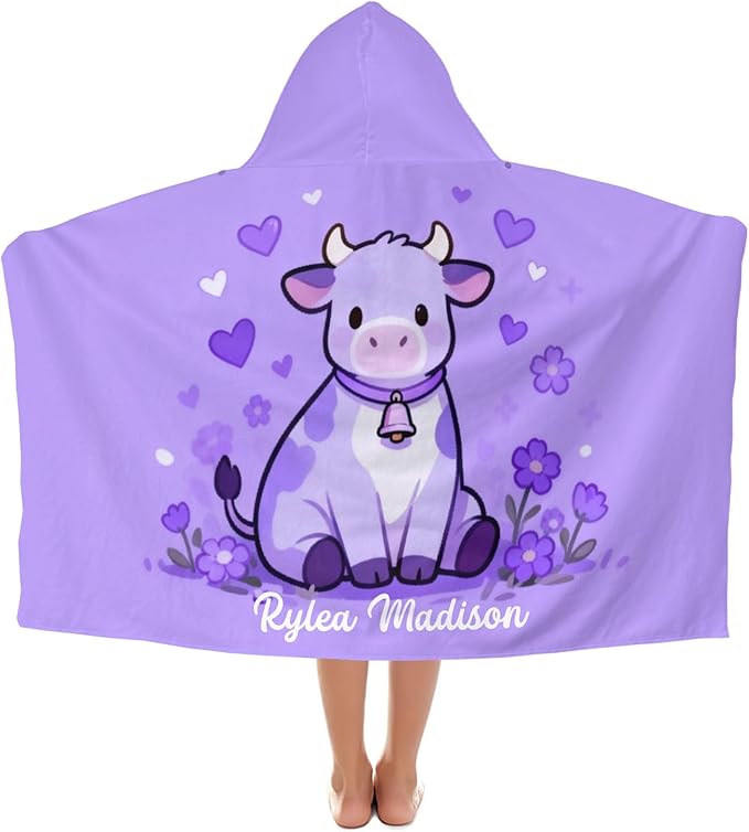 Cow Purple Bell Personalized Hooded Towel Absorbent Wrap Soft Pool Beach Bath Towels Hood Poncho for 5-12 Years Kids Boys Girls