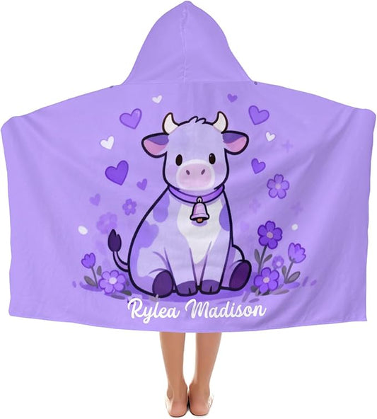 Cow Purple Bell Personalized Hooded Towel Absorbent Wrap Soft Pool Beach Bath Towels Hood Poncho for 5-12 Years Kids Boys Girls
