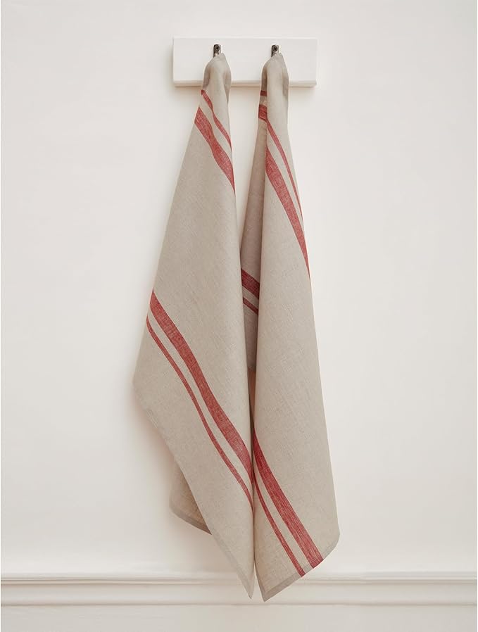 Solino Home Red and Natural Linen Kitchen Towels Set of 2-100% Pure Linen 17 x 26 Inch French Stripe Tea Towels with Hanging Loop - European Flax Kitchen Dish Cloth - Quick Dry & Machine Washable