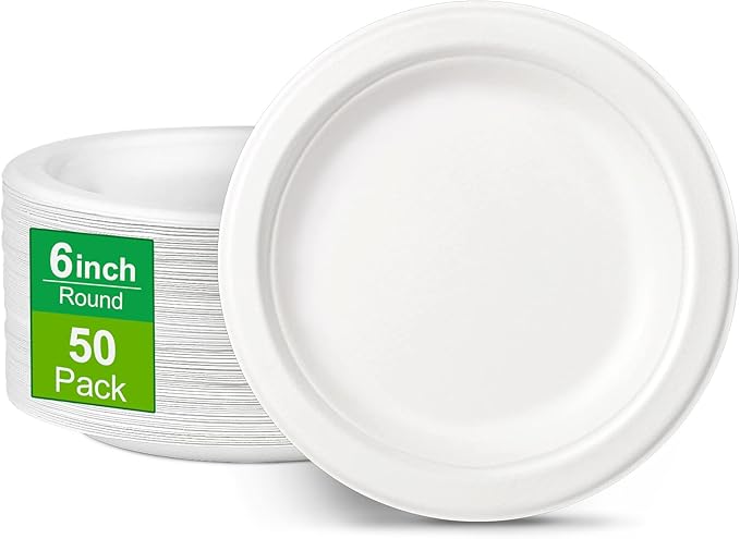 Paper Plates 6 inch, 50 Pack Small Plates, Eco Friendly Disposable Plates Made of Sugarcane Fibers, 100% Compostable Plates, Dessert Plates, White