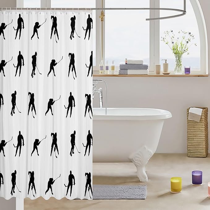 Feelyou Ice Sports Games Bath Curtain Ice Hockey Shower Curtain for Kids Hockey Player Bathroom Shower Curtain Set Waterproof Puck Hockey Silhouette Style Decor Kids Bathroom Accessories 72"x78"