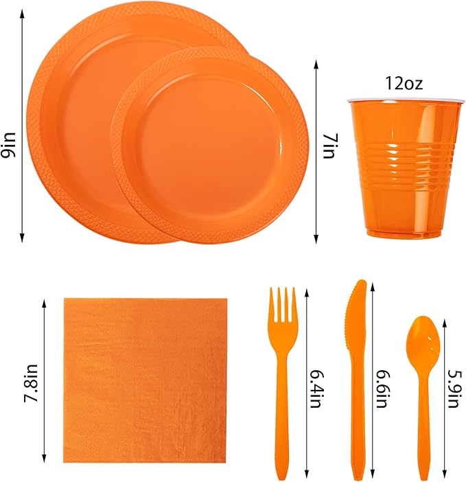 WELLIFE 210Pcs Orange Disposable Plates,Plastic Dinnerware Set for Party,Includes: Orange Plates,Disposable Cutlery,12OZ Plastic Cups and Napkins Serve 30 Guests
