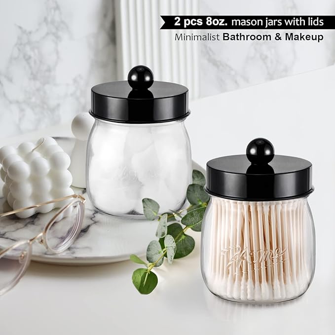 Farmhouse Decor Apothecary Jar Set, Mason Jar Bathroom Vanity Storage Organizer Canister-Qtip Holder Plastic Acrylic Jar for Cotton Swabs, Cotton Pad, Floss Pick, Paper Clip, Hair Clip (2 Pack, Black)