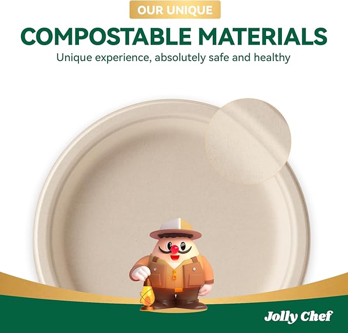 JOLLY CHEF Compostable Heavy Duty Plates 𝟭𝟬 𝗜𝗻𝗰𝗵 [𝟭𝟮𝟱 𝗣𝗮𝗰𝗸] Eco-Friendly Disposable Paper Plates Natural Bagasse Biodegradable Sugarcane Bulk for Party Hot Cold Dinner Christmas (Brown)