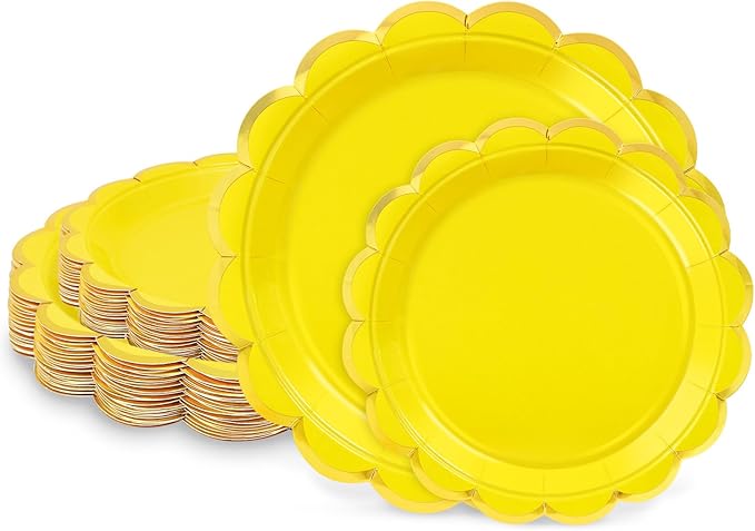 50 Pcs Yellow Paper Plates, 25 Pcs 9" and 25 Pcs 7" Disposable Yellow Scalloped Plates with Gold Foil for Graduation Wedding Baby Shower Birthday Party Picnic BBQ
