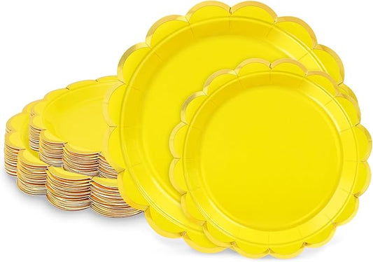 50 Pcs Yellow Paper Plates, 25 Pcs 9" and 25 Pcs 7" Disposable Yellow Scalloped Plates with Gold Foil for Graduation Wedding Baby Shower Birthday Party Picnic BBQ