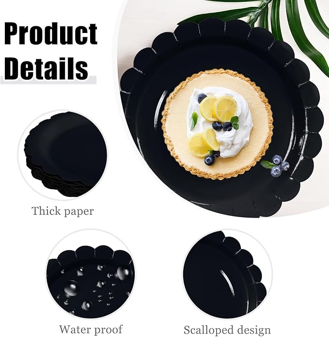 HEIPINIUYE 25 Pieces Black Paper Plates 7 Inch Black Scalloped Plates Disposable Dinner Plate for Wedding Baby Shower Birthday Halloween Party Dessert Plate