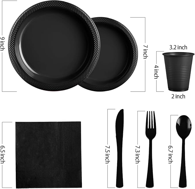 Black Plastic Plates, 25 Guest Disposable Dinnerware Set for New Year, Black Party Supplies, Includes 25 Dinner Plates, 25 Dessert plates, 25 plastic Cutlery, 25 Napkins and 25 12 oz Cups