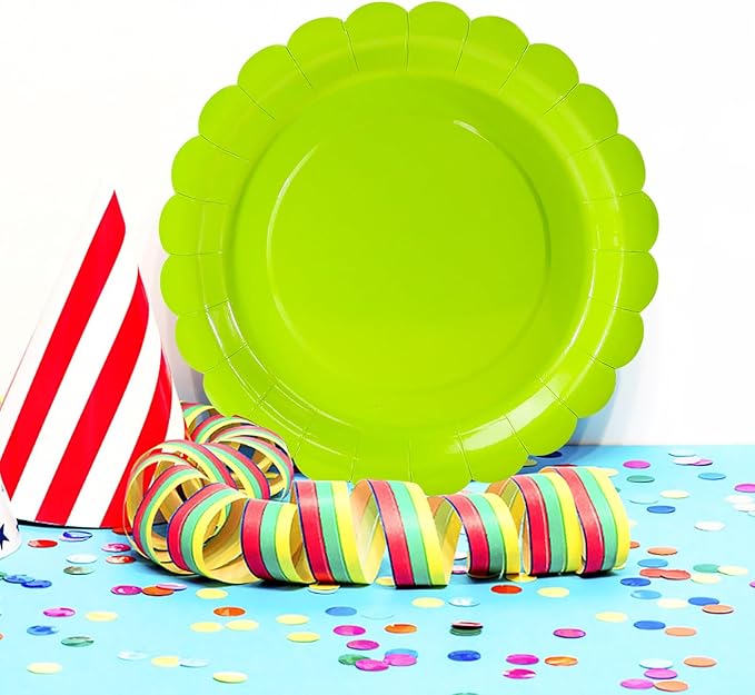 HEIPINIUYE 25 Pieces Lime Green Paper Plates 7 Inch Green Scalloped Plates Disposable Dinner Plates for Wedding Baby Shower Birthday Halloween Party Dessert Plates