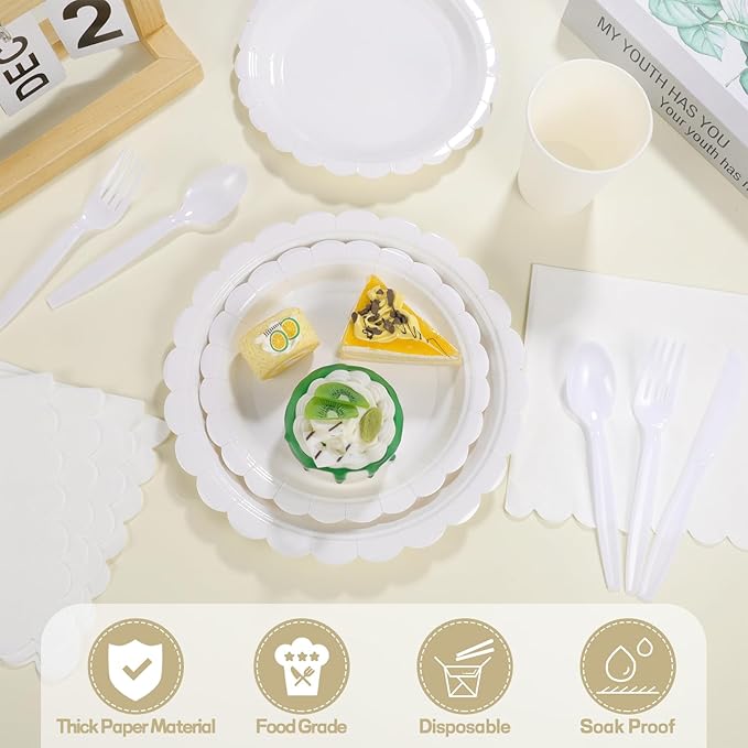 175 Pcs White Paper Plates and Napkins, 25 Guest White Party Supplies Include Scalloped Plates Paper Napkin Cup Plastic Spoon Fork Knive for Baby Shower, Wedding, Birthday