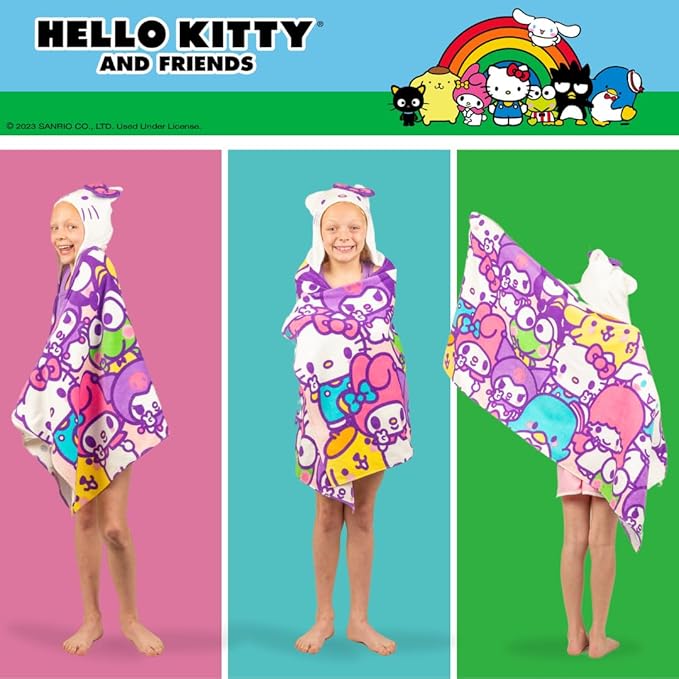 Hello Kitty & Friends Kids Super Soft Bath/Pool/Beach Soft Cotton Terry Hooded Towel Wrap, 24 in x 50 in, (Officially Licensed Product) By Franco