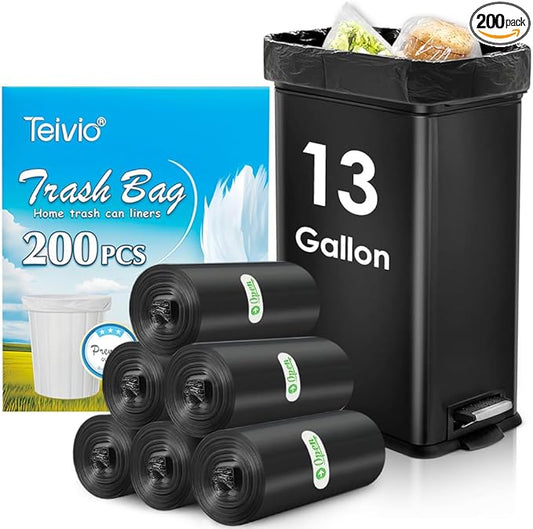 13 Gallon 200 Count Tall Kitchen Trash Bags 10 Gal 12 Gal 13 Gal fit 50 liter Garbage Bags by Teivio, Waste Basket Bags,Bathroom Trash Can Bin Liners, Plastic Bags for home office kitchen, Black
