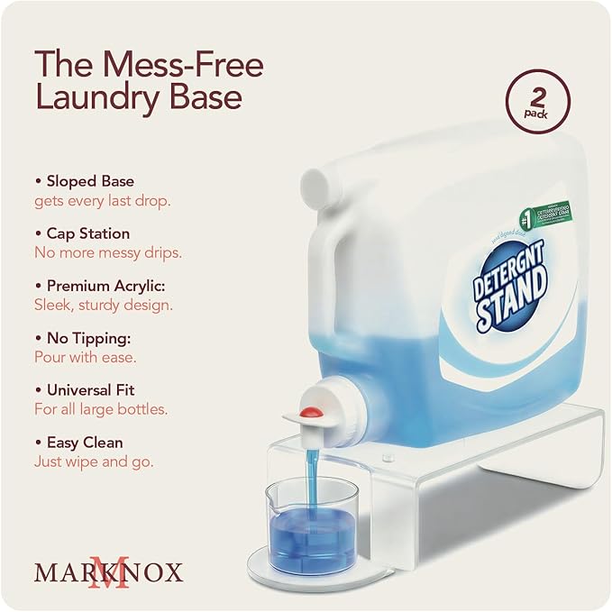 Laundry Detergent Holder Riser Organizer - 2 Pack Clear Acrylic Dispenser Stand with Gravity Flow Base and Cap Station, Universal Fit for Bottles, Laundry Room Organization