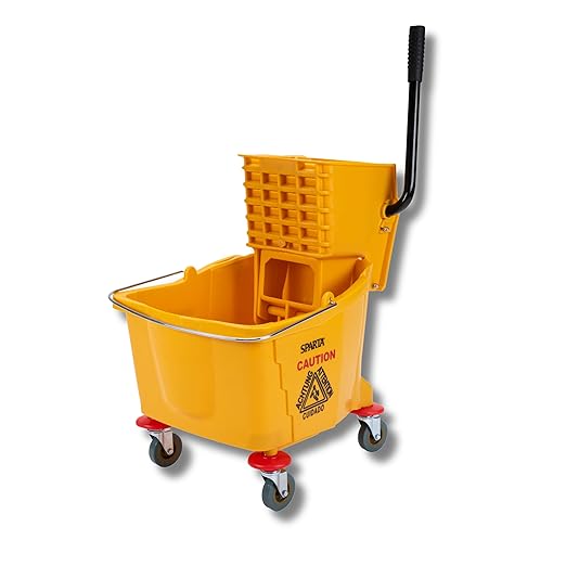 Carlisle FoodService Products 35-Quart Commercial Mop Bucket with Side-Press Wringer, Integrated Pour Spout, and Smooth Rolling Casters for Commercial Cleaning, Durable Polypropylene, Yellow
