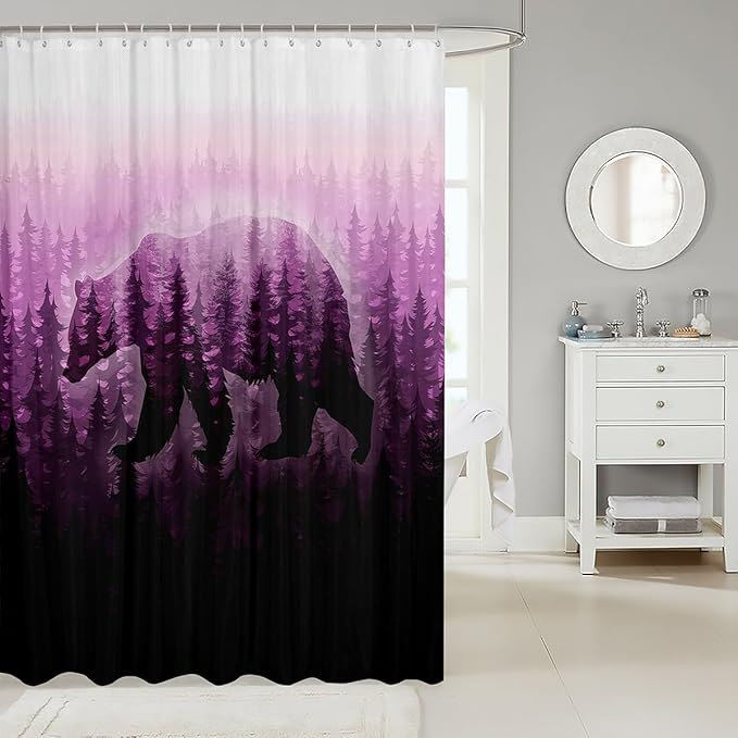 Feelyou Bear Bath Curtain Kids Forest Shower Curtain Boys Girls Decor Botanical Forest Bathroom Shower Curtain Set Polyester Farmhouse Wild Animal Purple Kids Bathroom Accessories Quilt Cover 72"x78"