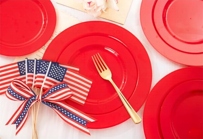 FLOWERCAT 60PCS Red Plastic Plates - Heavy Duty Red Plates Disposable for Party - Include 30PCS 10.25inch and 30PCS 7.5inch for 30 guests Birthday Party & Mother's Day &Events& July 4th