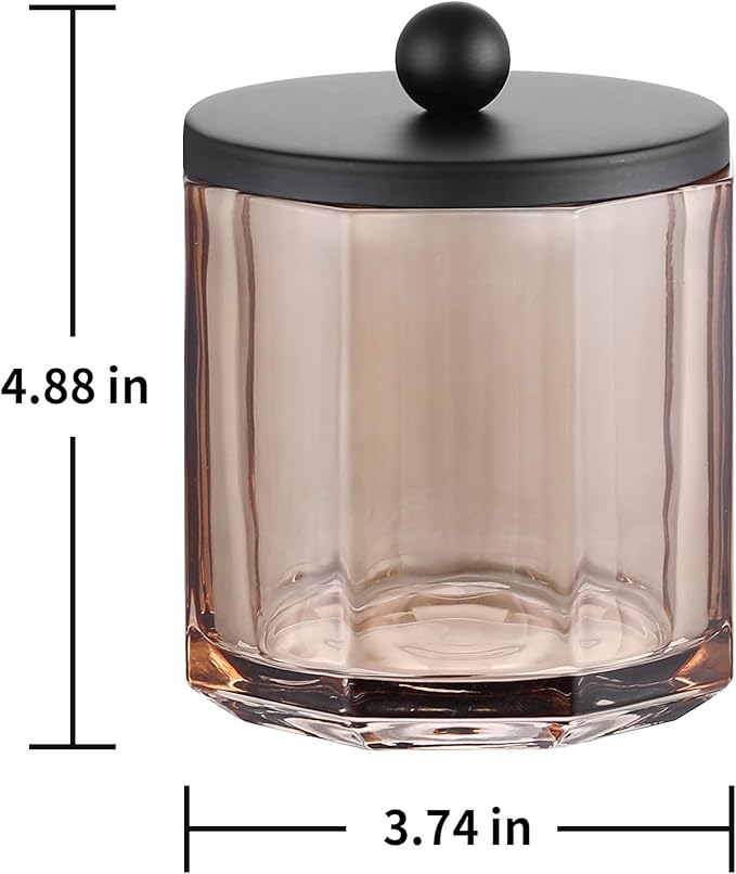 Taupe Translucent Apothecary Octagional Shaped Glass Canister Jar With Matte Black Metal Lid Cover for Bathroom Organization, Cotton Balls, Q Tips, and Small Accessories, Bathroom Storage