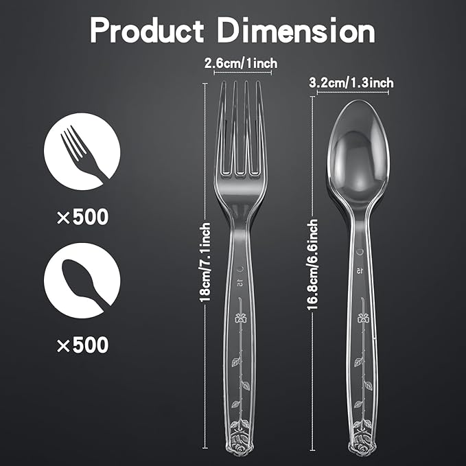 1000 Count Plastic Silverware Heavy Duty 500 Forks 500 Spoons | Shatterproof BPA-Free Disposable Cutlery Heat Resistant Disposable Plastic Utensils for Catering & Events, Party Supplies