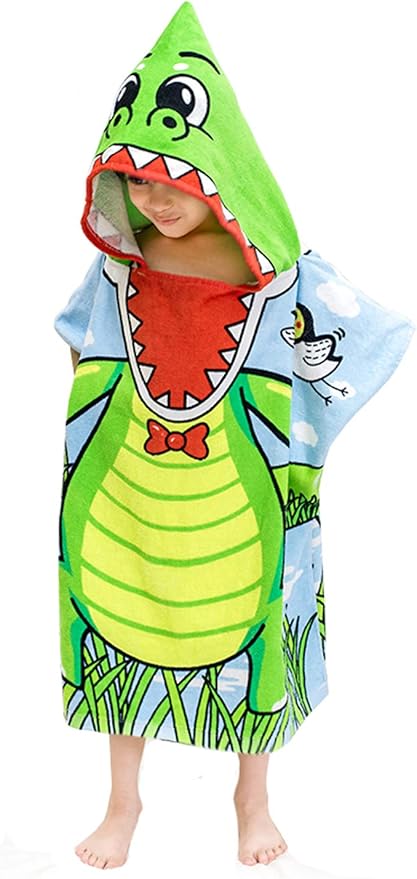 TONWHAR Soft Cotton Hooded Beach Towel Poncho for Kids Bath Pool Beach Swim Boys Girls Cartoon Cover-up Cape (Crocodile)