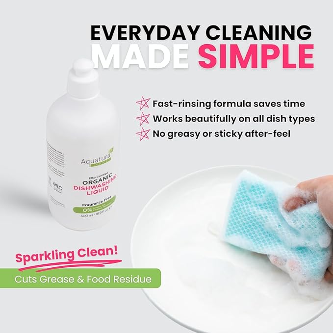 Organic Dishwashing Liquid for Dishes, Plant Based Dish Soap, Kitchen Unscented Dish Soap Liquid, Cuts Grease, Suitable for Sensitive Skin, Quick Rinse, 16.9 Fl Oz