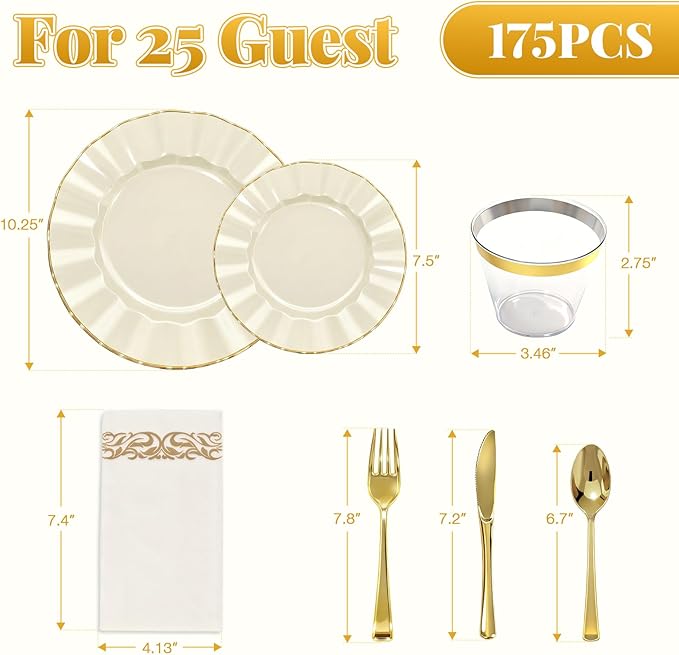 175 Piece Plastic Dinnerware Set Disposable Dinnerware Set for 25 Guests Include 50 Plastic Plates 25 Silverware Set 25 Cups and 25 Napkins for Party Wedding Birthday（White and Gold）