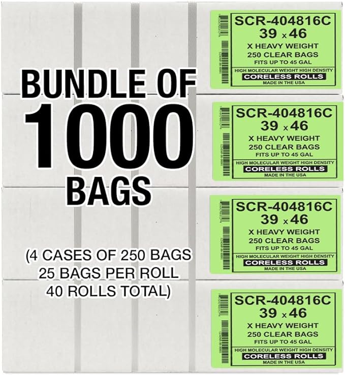 Aluf Plastics 45 Gallon Clear Trash Bags - 39" x 46" - 16 Micron Equivalent High Density Value Garbage Bags Can Liners for Bathroom, Office, Industrial, Commercial, Recycling (Pack of 1000)