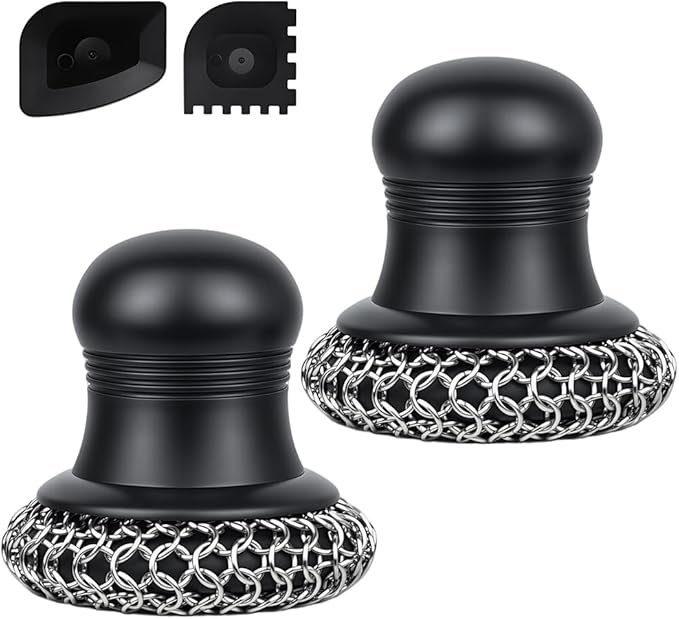 316 Upgraded Cast Iron Scrubber with Pan Scraper,Cast Iron Cleaner for Grill Pan Skillet Wok Carbon Steel,Ergonomic to Hold Easy to Use Dishwasher Safe ((Large Chain Mail,2pcs))