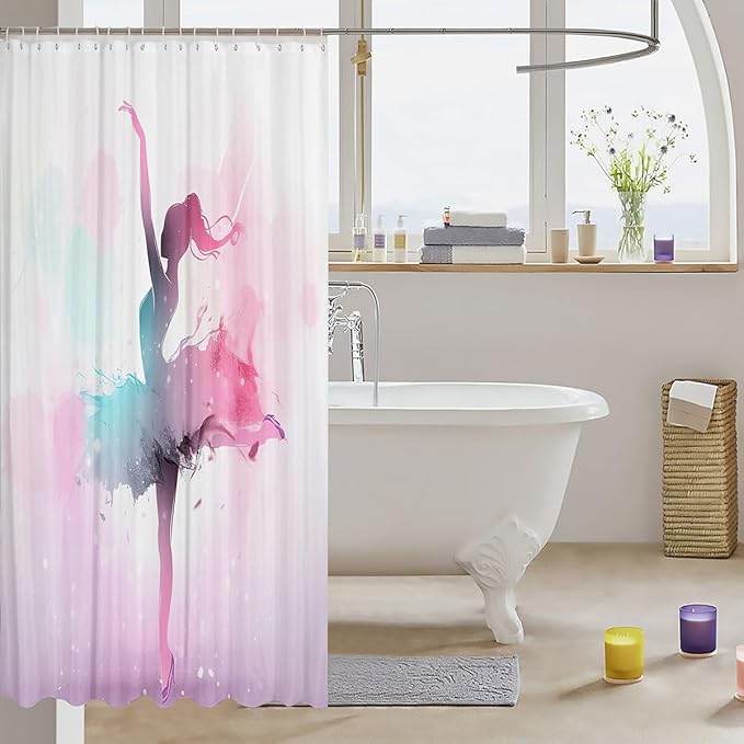 Homewish Ballerina Girl Shower Curtain Blue Pink Watercolor Bathroom Shower Curtain Set for Kids Adult Dance Art Bath Curtain Watercolor Waterproof Curtains Room Decor 72 x 72 Inch