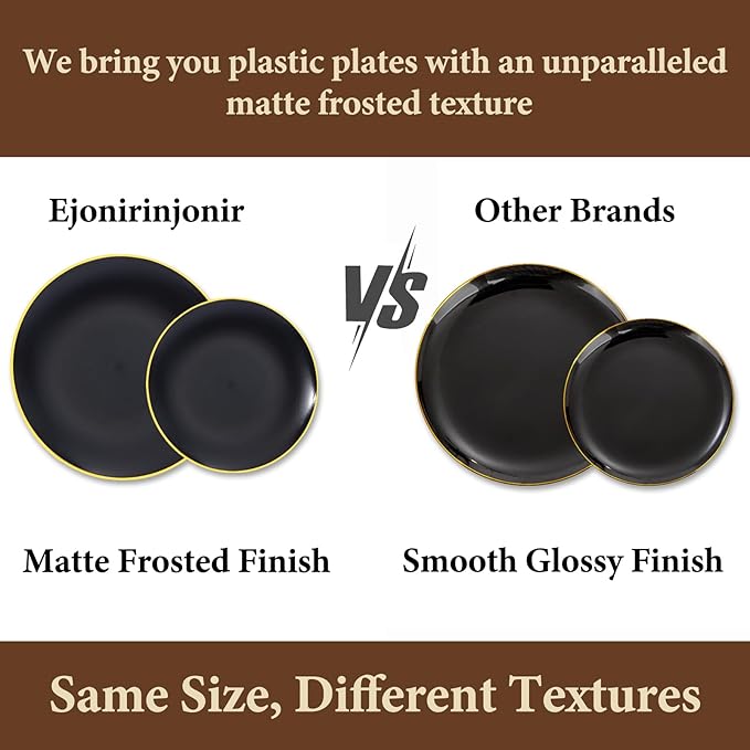 EI 80pcs Black and Gold Dinner Plates Disposable 10.25inch,Plastic Party Graduation Plates with Gold Rim,Black Plastic Matte plate Frosted Disposable Heavy Duty,Elegant for Wedding/Graduation