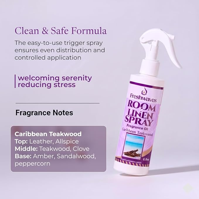 Freshwaves Room & Linen Spray | Caribbean Teakwood Fragrance Oil | 8.8oz Air Freshener | Odor Eliminator for Living Room, Bedroom, Bathroom & Office | White Bottle