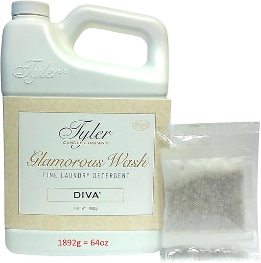 Tyler Candle Company Glam Laundry Wash Detergent, Diva 64 Fl Oz (Pack of 1) /with Dryer Sachet Single Pouch x