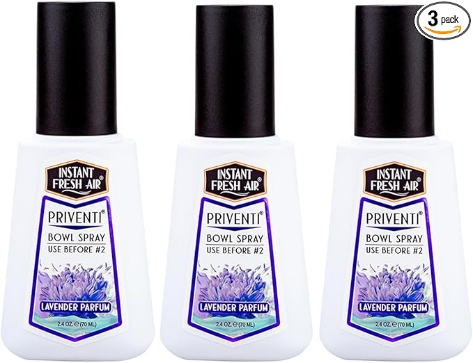 3-Pack - Instant Fresh Air Priventi Toilet Spray & Bathroom Spray Odor Eliminator - Travel Size Odor Elimination for #2 - For Home, Office, Travel - Lavender Parfum Fragrance - 2.4 oz each