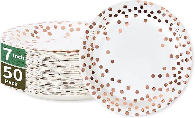 Rose Gold Dots Party Paper Plates, 50 PCS Disposable Party Supplies Dessert Paper Plates for Birthday,Wedding Birdal Christmas Baby Shower (7 inches)
