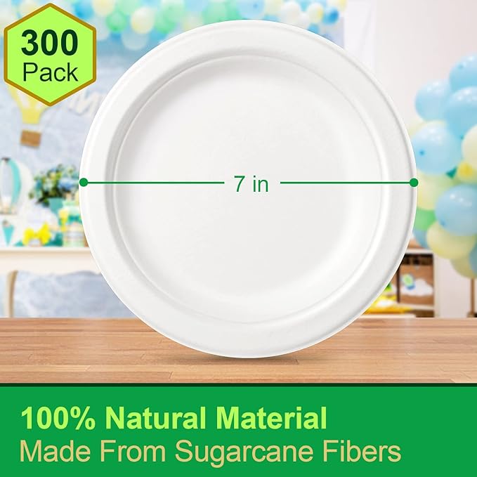 300 Pack Paper Plates Bulk, 7 inch Small Paper Plates, 100% Compostable Plates Eco Friendly Disposable Plates, White Paper Plates for Party Wedding Birthday, Paper Dessert Plates