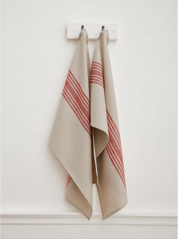 Solino Home Red and Natural Linen Kitchen Towels Set of 2-100% Pure Linen 17 x 26 Inch Farmhouse Tea Towels with Hanging Loop - European Flax Kitchen Dish Cloth - Quick Dry & Machine Washable