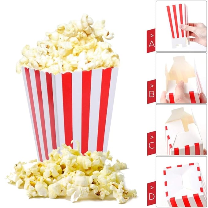 24 Pack Red Striped Popcorn Boxes - Carnival Parties Mini Paper Popcorn and Candy Containers, Party Supplies for Movie Nights