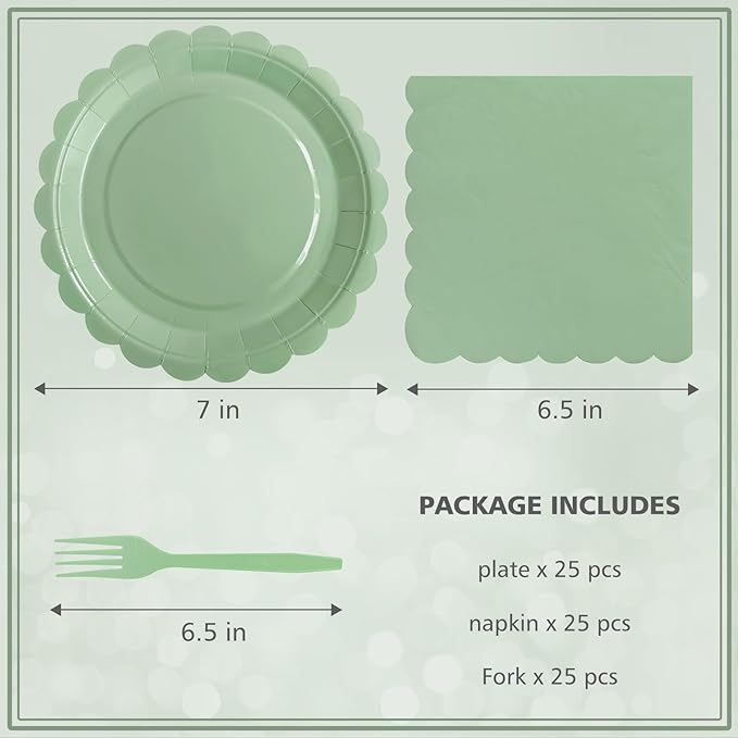 Sage Green Paper Plates and Napkins,7 Inch Sage Green Scalloped Disposable Dessert Plates Paper Napkin Fork Party Supplies for Wedding Baby Shower Birthday(25 Guest)