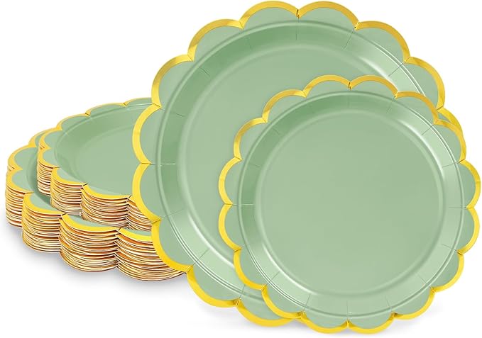50 Pcs Sage Green Paper Plates, 25 Pcs 9" and 25 Pcs 7" Disposable Sage Green Scalloped Plates with Gold Foil for Graduation Wedding Baby Shower Birthday Party Picnic BBQ